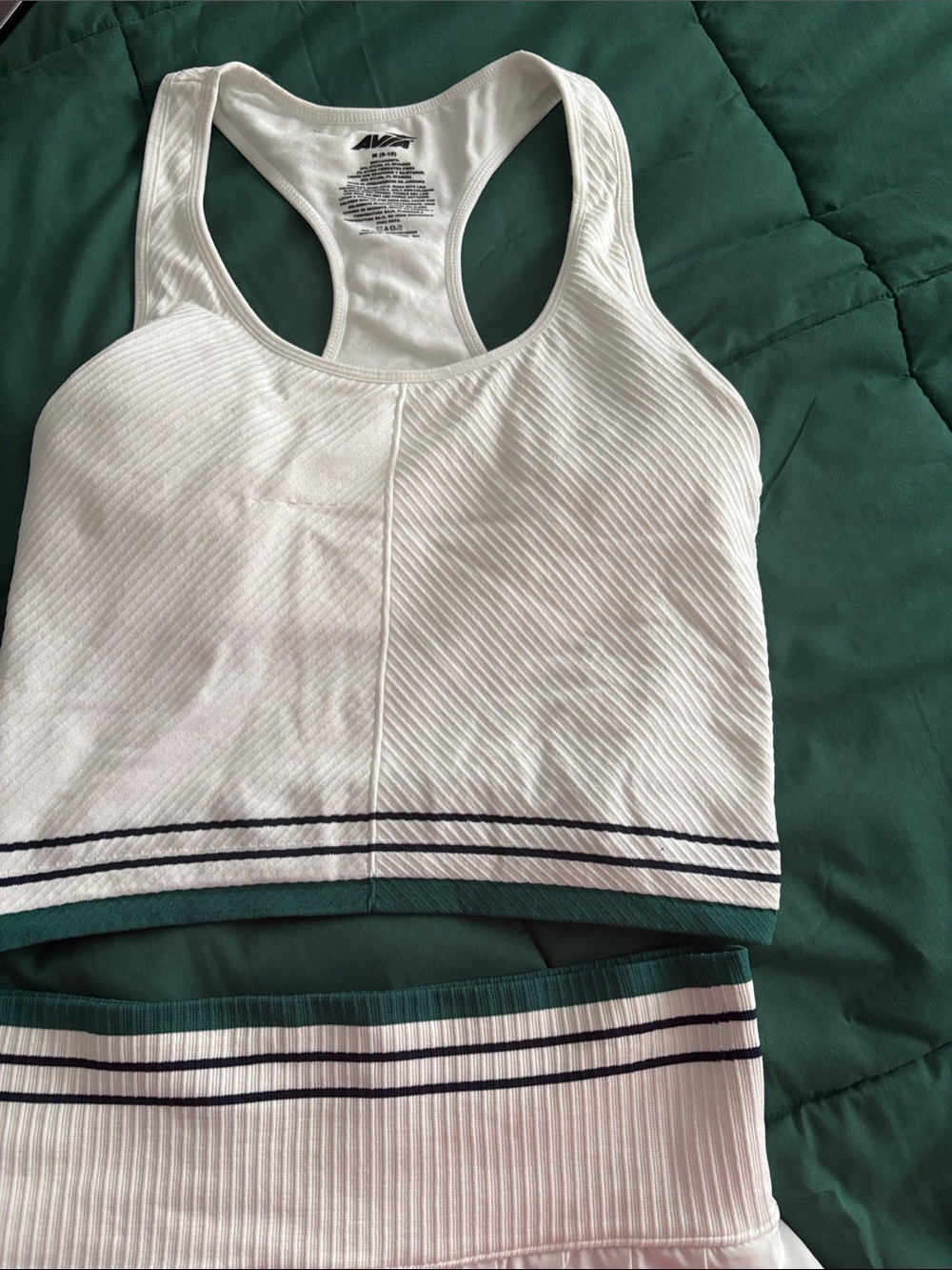 Avia White Ribbed Racerback Set with Navy Stripe and Green Band
